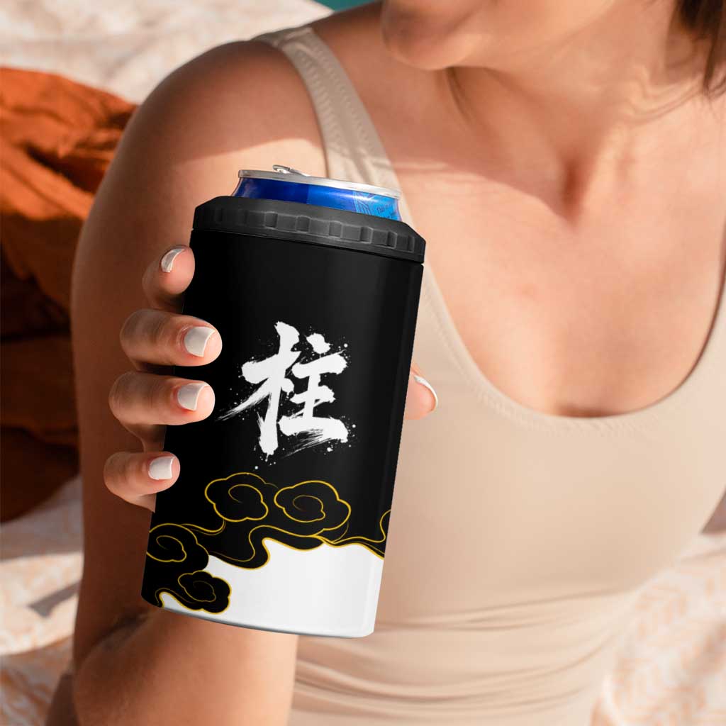 Demon Slayer Hashira Group Design 4 in 1 Can Cooler Tumbler with Gold Cloud Pattern and Stylized Kanji Motif - The Mazicc