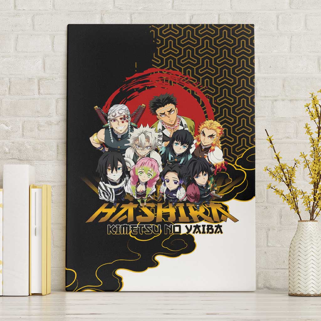 Demon Slayer Hashira Group Design Canvas Wall Art with Gold Cloud Pattern and Stylized Kanji Motif - The Mazicc