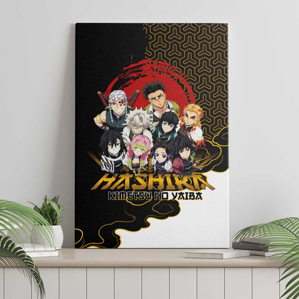 Demon Slayer Hashira Group Design Canvas Wall Art with Gold Cloud Pattern and Stylized Kanji Motif - The Mazicc
