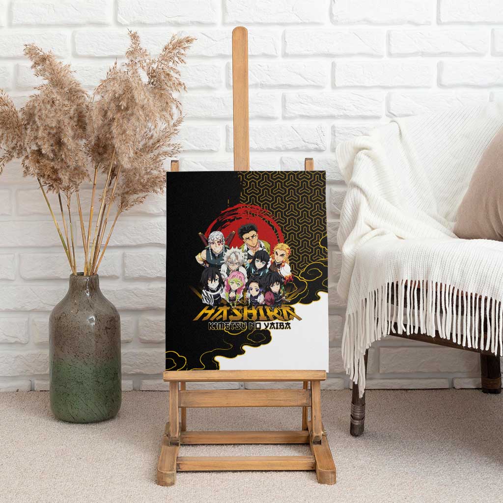 Demon Slayer Hashira Group Design Canvas Wall Art with Gold Cloud Pattern and Stylized Kanji Motif - The Mazicc