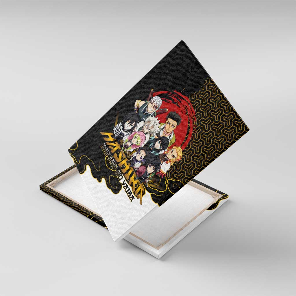 Demon Slayer Hashira Group Design Canvas Wall Art with Gold Cloud Pattern and Stylized Kanji Motif - The Mazicc