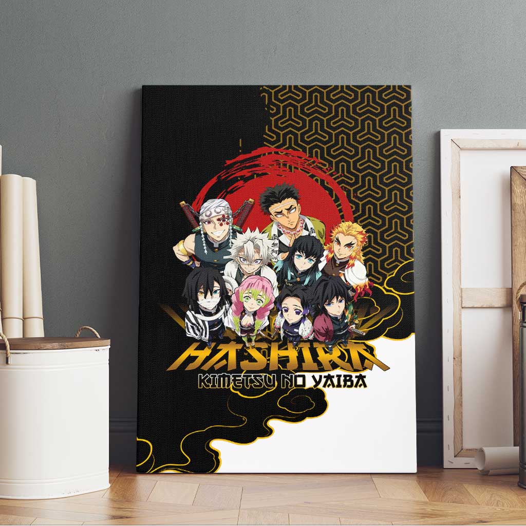 Demon Slayer Hashira Group Design Canvas Wall Art with Gold Cloud Pattern and Stylized Kanji Motif - The Mazicc