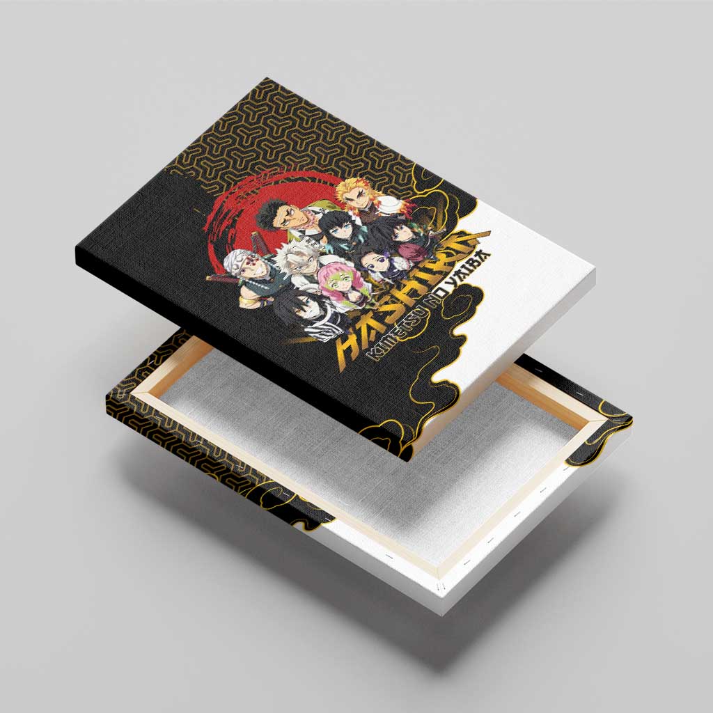 Demon Slayer Hashira Group Design Canvas Wall Art with Gold Cloud Pattern and Stylized Kanji Motif - The Mazicc