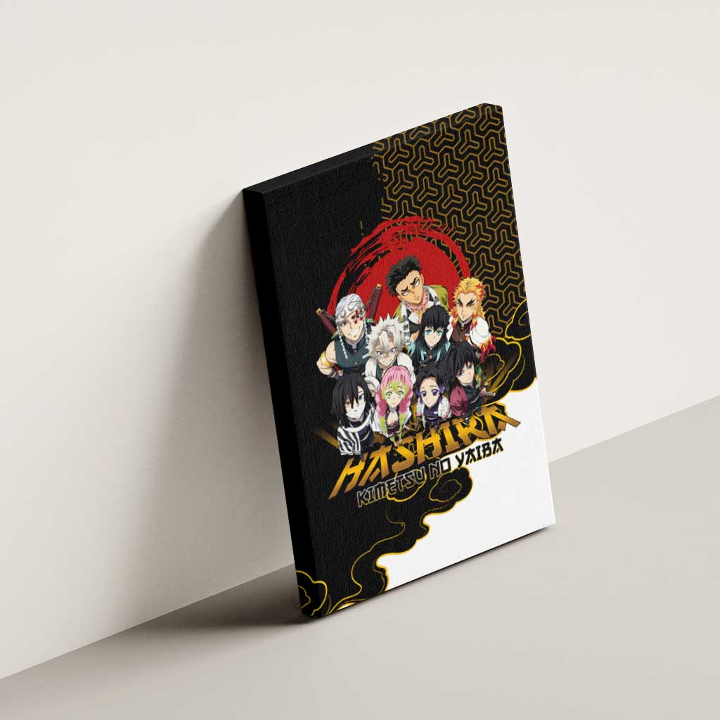 Demon Slayer Hashira Group Design Canvas Wall Art with Gold Cloud Pattern and Stylized Kanji Motif - The Mazicc