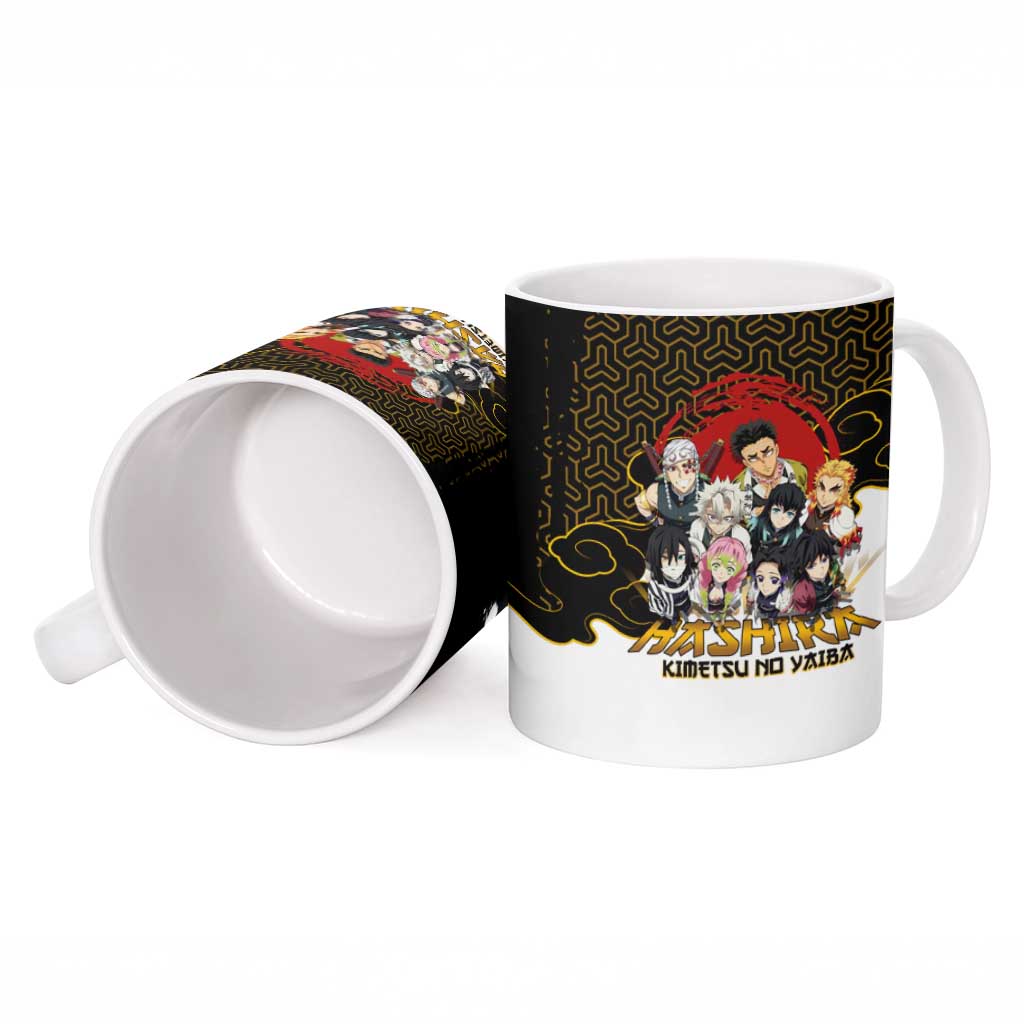 Demon Slayer Hashira Group Design Ceramic Mug with Gold Cloud Pattern and Stylized Kanji Motif - The Mazicc