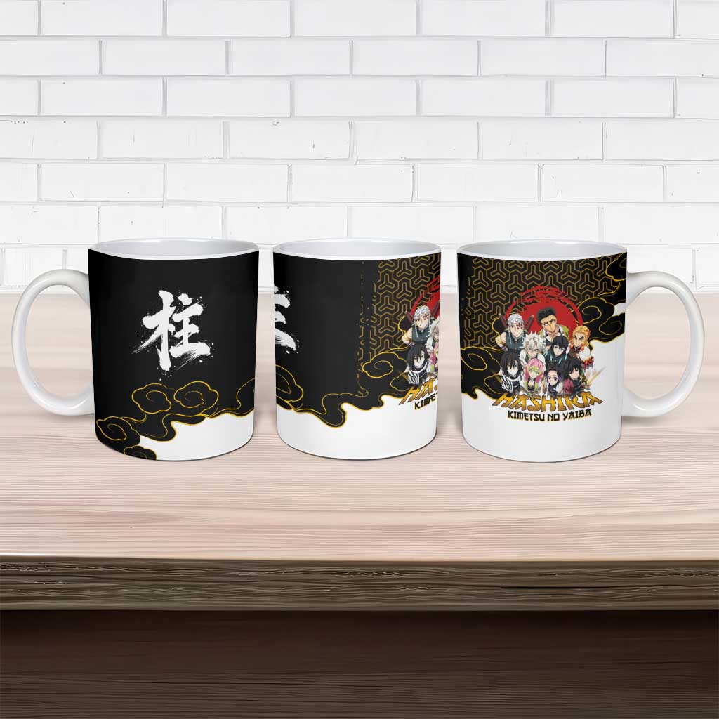 Demon Slayer Hashira Group Design Ceramic Mug with Gold Cloud Pattern and Stylized Kanji Motif - The Mazicc