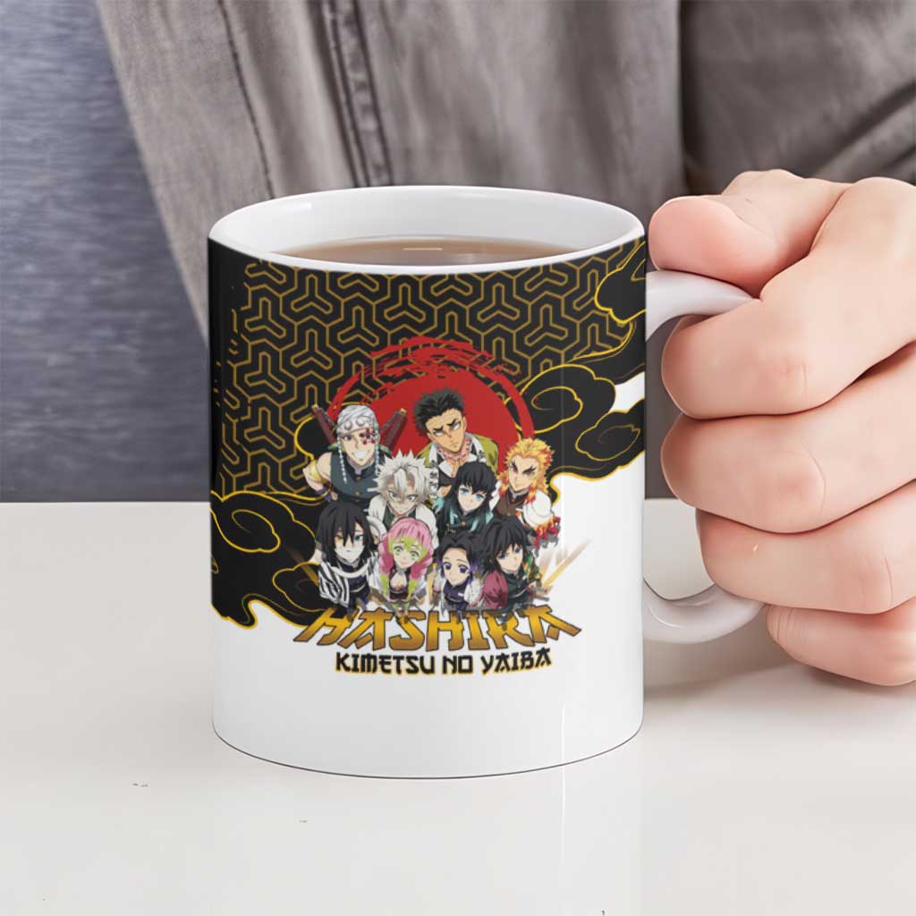 Demon Slayer Hashira Group Design Ceramic Mug with Gold Cloud Pattern and Stylized Kanji Motif - The Mazicc
