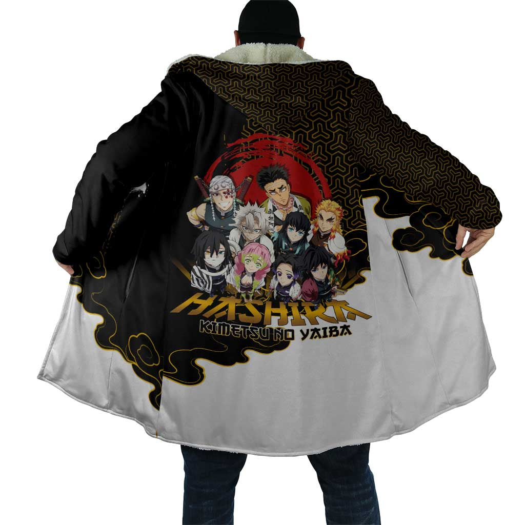 Demon Slayer Hashira Group Design Cloak with Gold Cloud Pattern and Stylized Kanji Motif - The Mazicc