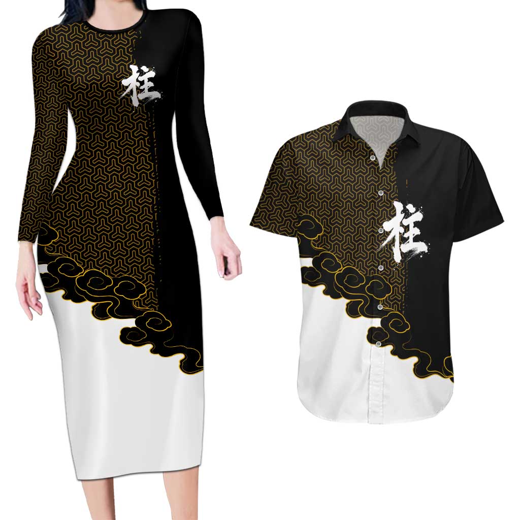 Demon Slayer Hashira Group Design Couples Matching Long Sleeve Bodycon Dress and Hawaiian Shirt with Gold Cloud Pattern and Stylized Kanji Motif - The Mazicc