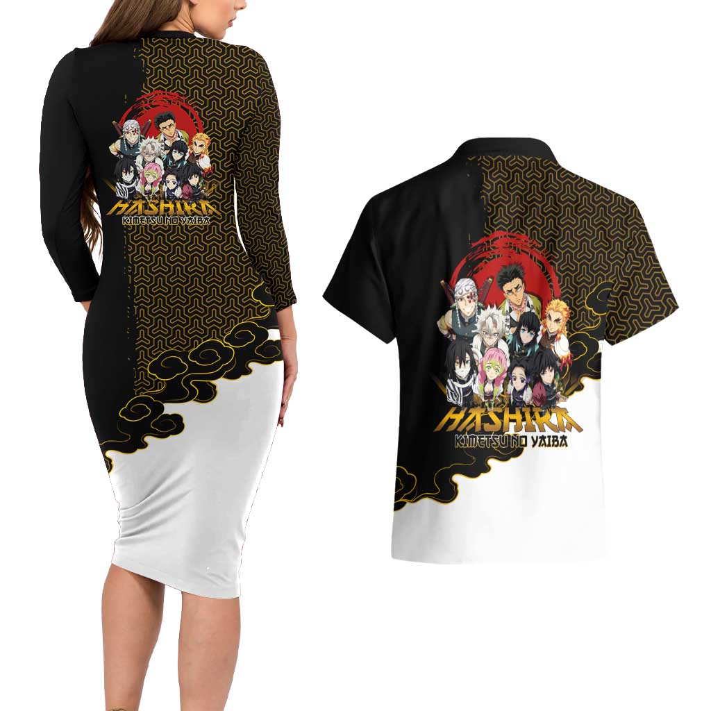Demon Slayer Hashira Group Design Couples Matching Long Sleeve Bodycon Dress and Hawaiian Shirt with Gold Cloud Pattern and Stylized Kanji Motif - The Mazicc
