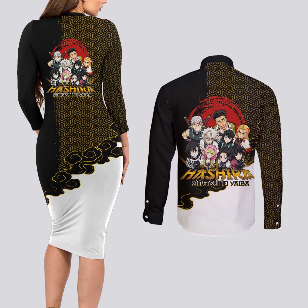 Demon Slayer Hashira Group Design Couples Matching Long Sleeve Bodycon Dress and Long Sleeve Button Shirt with Gold Cloud Pattern and Stylized Kanji Motif - The Mazicc