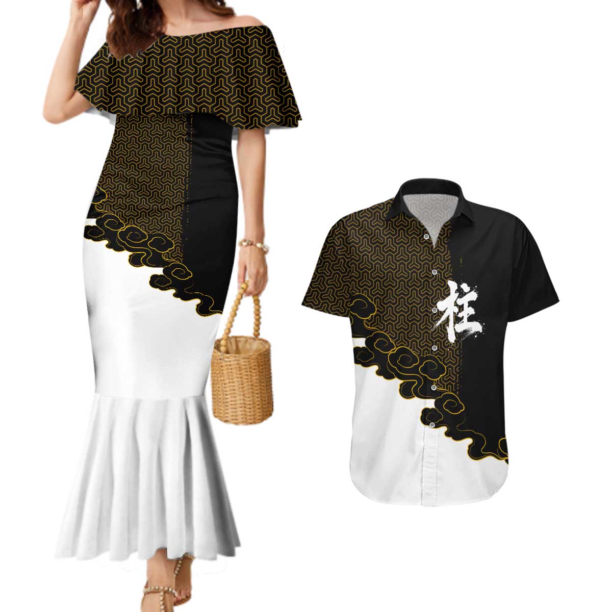 Demon Slayer Hashira Group Design Couples Matching Mermaid Dress and Hawaiian Shirt with Gold Cloud Pattern and Stylized Kanji Motif - The Mazicc