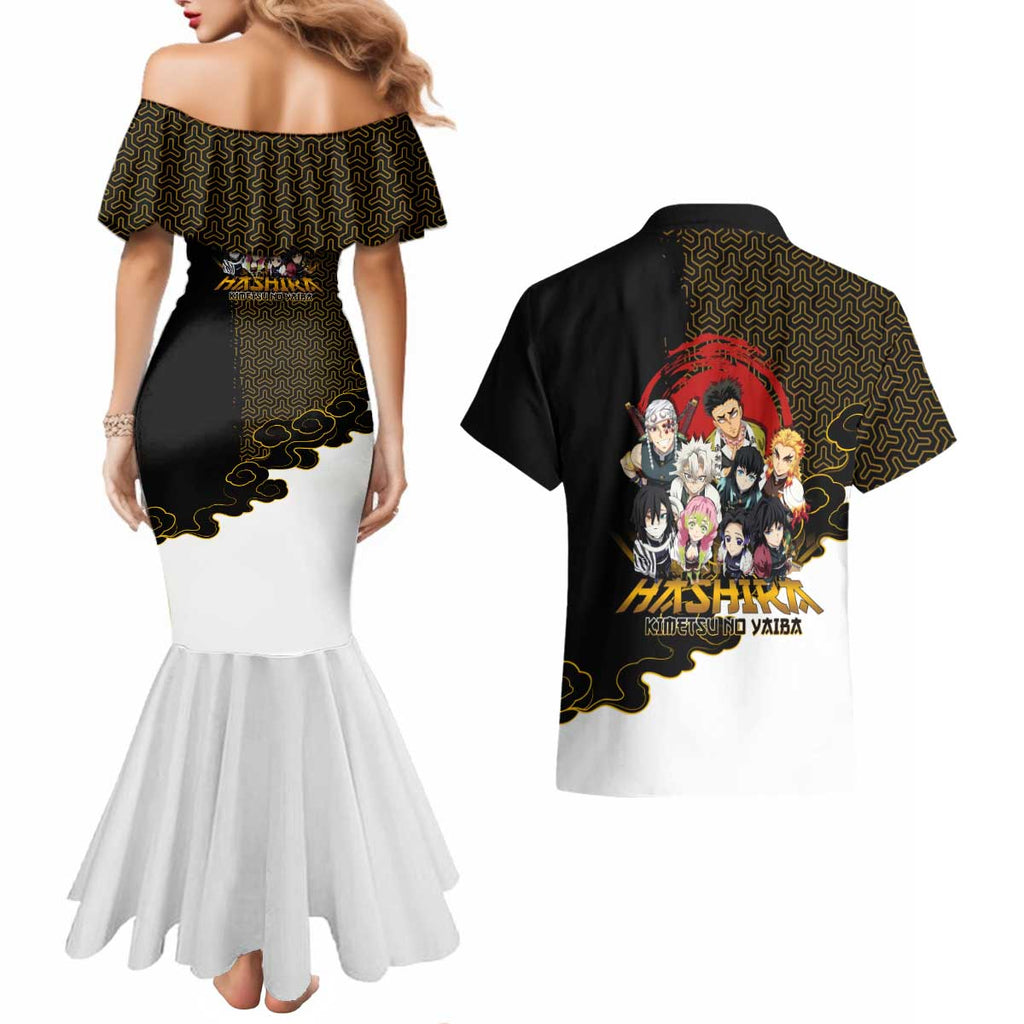 Demon Slayer Hashira Group Design Couples Matching Mermaid Dress and Hawaiian Shirt with Gold Cloud Pattern and Stylized Kanji Motif - The Mazicc