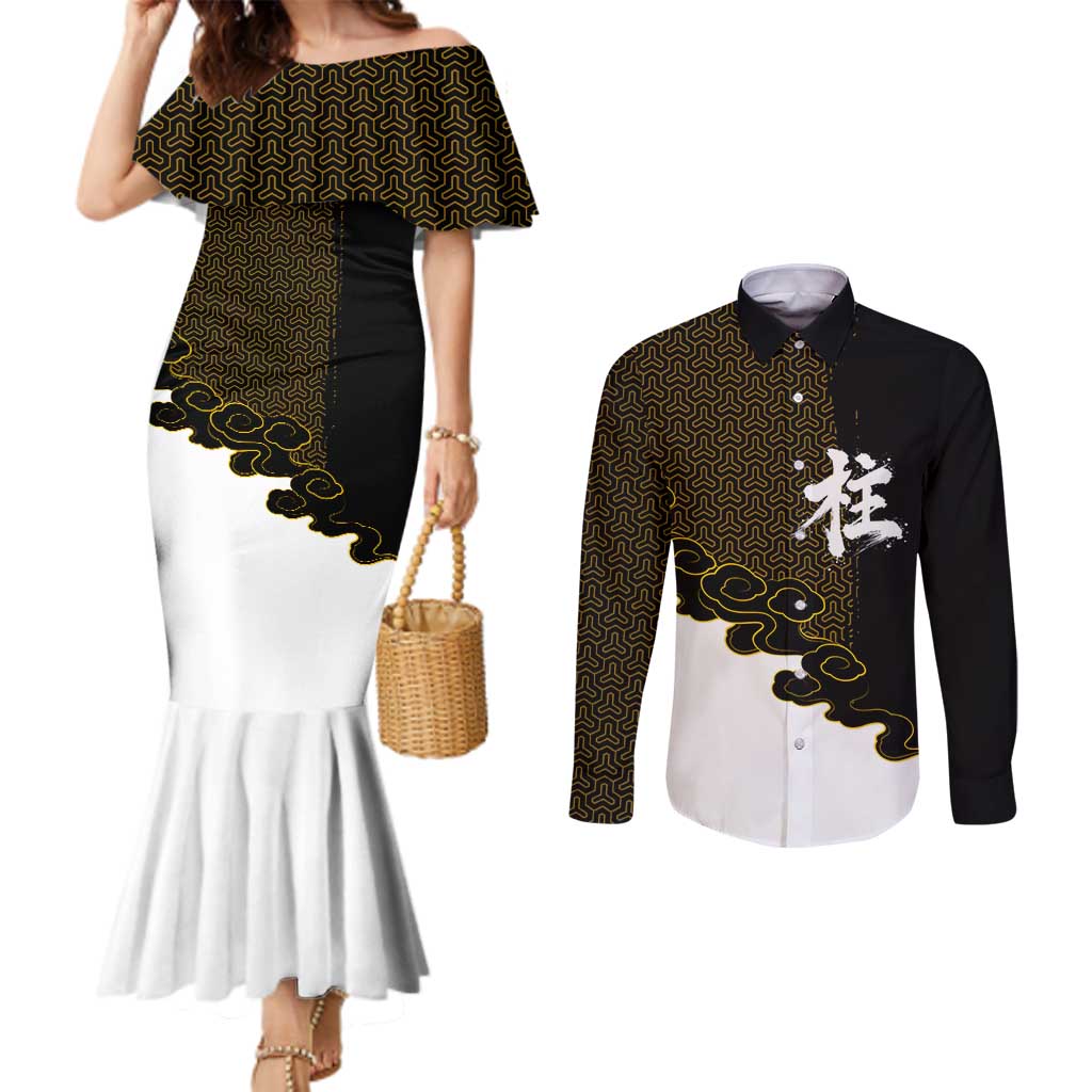 Demon Slayer Hashira Group Design Couples Matching Mermaid Dress and Long Sleeve Button Shirt with Gold Cloud Pattern and Stylized Kanji Motif - The Mazicc
