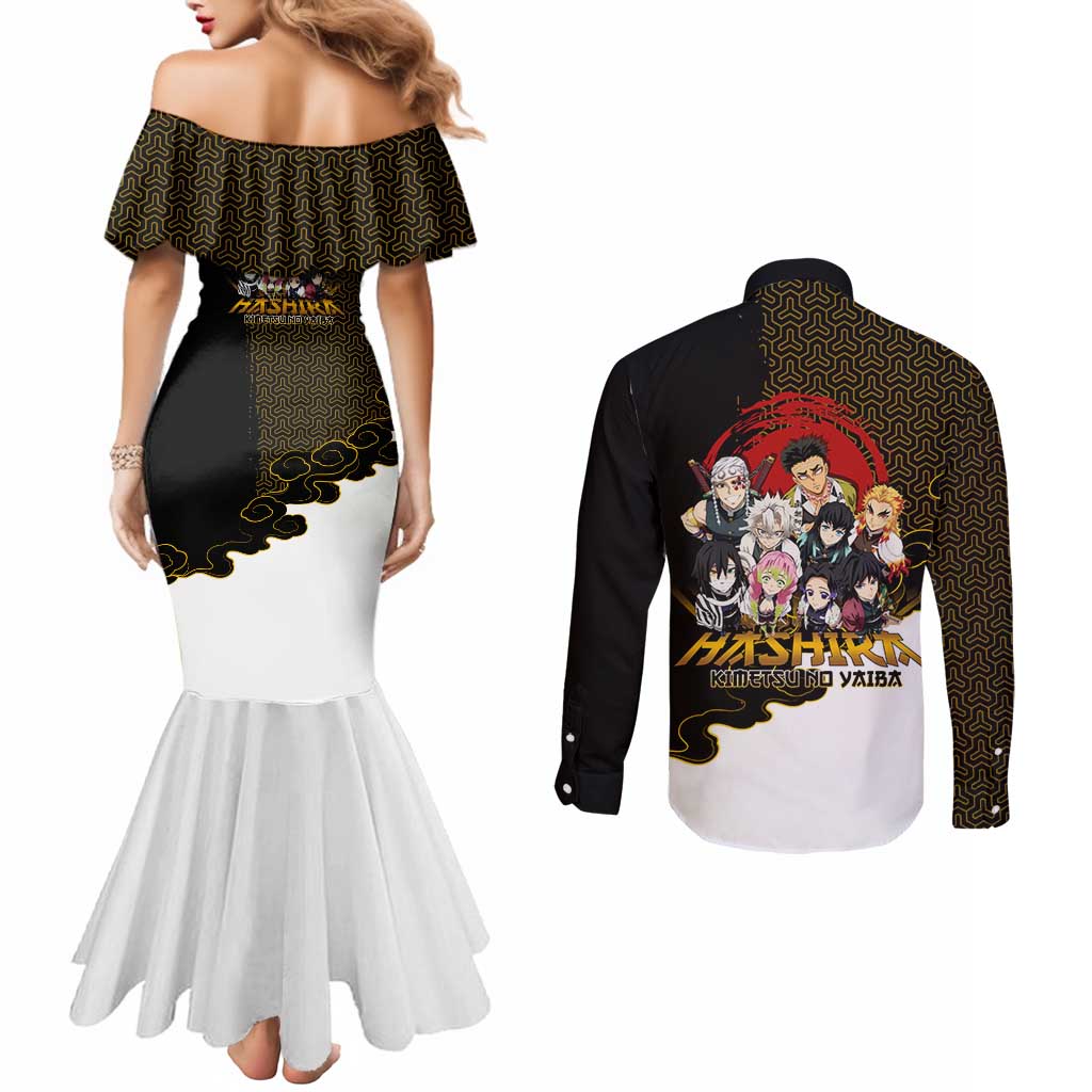 Demon Slayer Hashira Group Design Couples Matching Mermaid Dress and Long Sleeve Button Shirt with Gold Cloud Pattern and Stylized Kanji Motif - The Mazicc