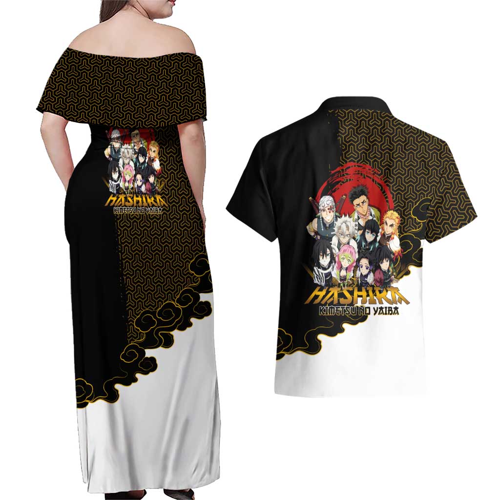 Demon Slayer Hashira Group Design Couples Matching Off Shoulder Maxi Dress and Hawaiian Shirt with Gold Cloud Pattern and Stylized Kanji Motif - The Mazicc