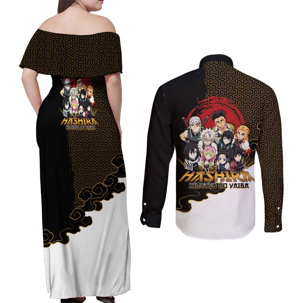 Demon Slayer Hashira Group Design Couples Matching Off Shoulder Maxi Dress and Long Sleeve Button Shirt with Gold Cloud Pattern and Stylized Kanji Motif - The Mazicc