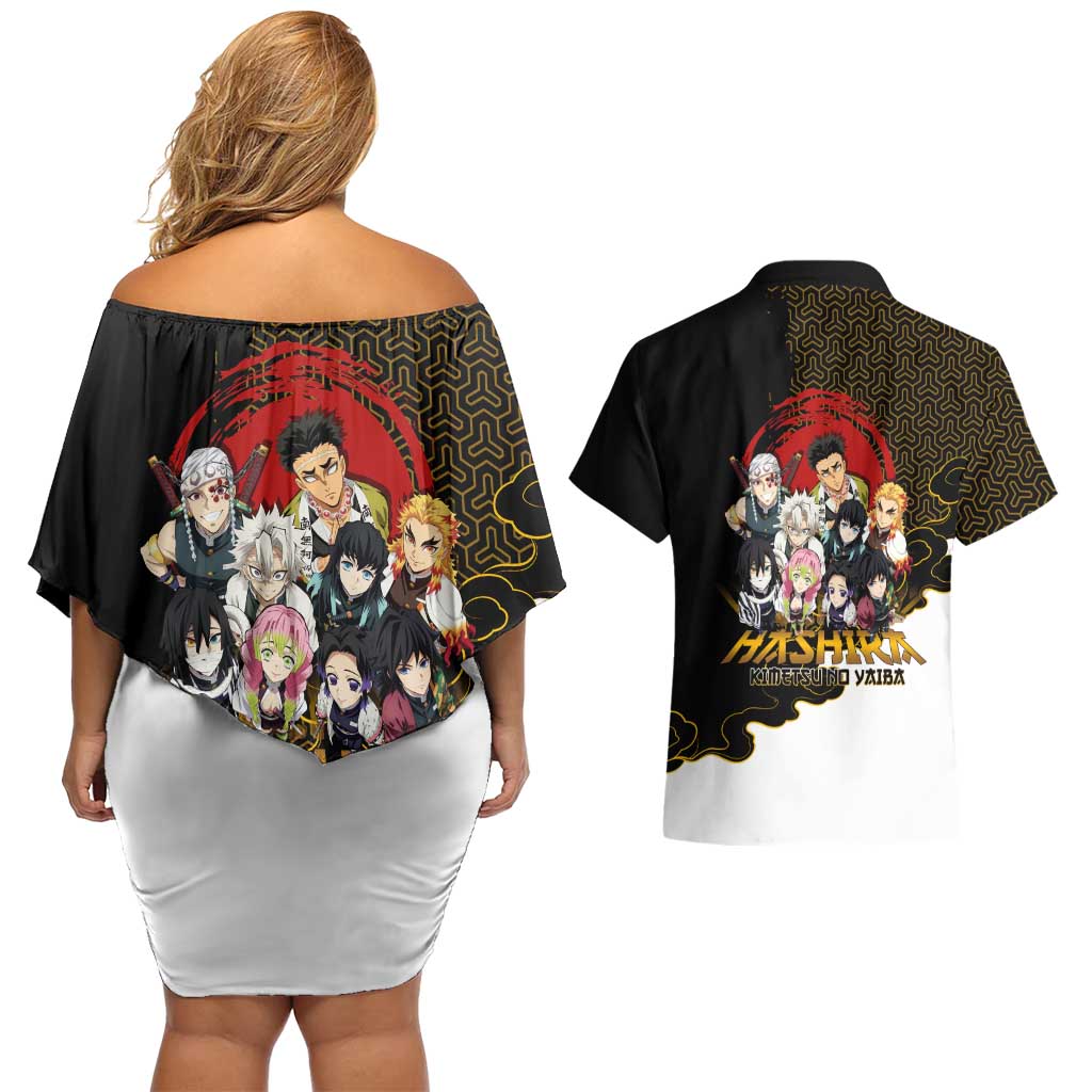 Demon Slayer Hashira Group Design Couples Matching Off Shoulder Short Dress and Hawaiian Shirt with Gold Cloud Pattern and Stylized Kanji Motif - The Mazicc