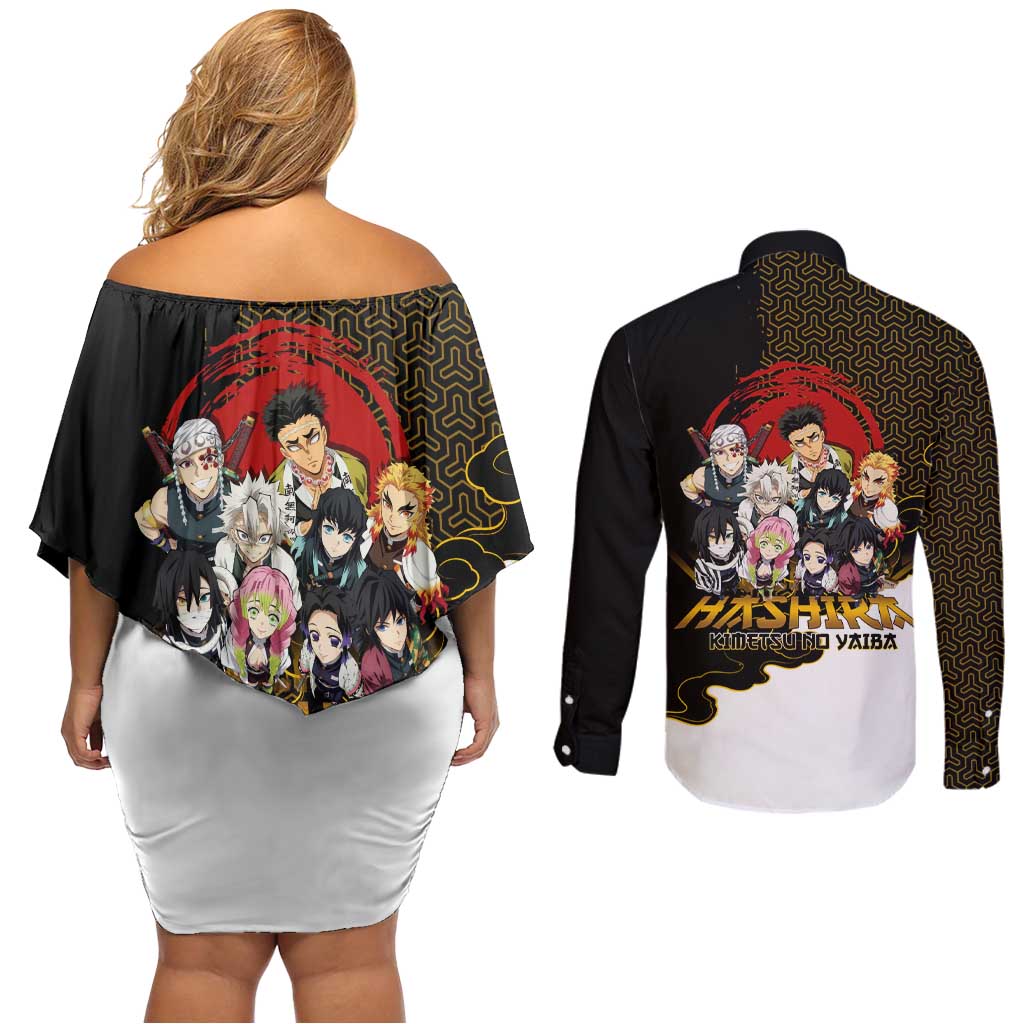 Demon Slayer Hashira Group Design Couples Matching Off Shoulder Short Dress and Long Sleeve Button Shirt with Gold Cloud Pattern and Stylized Kanji Motif - The Mazicc