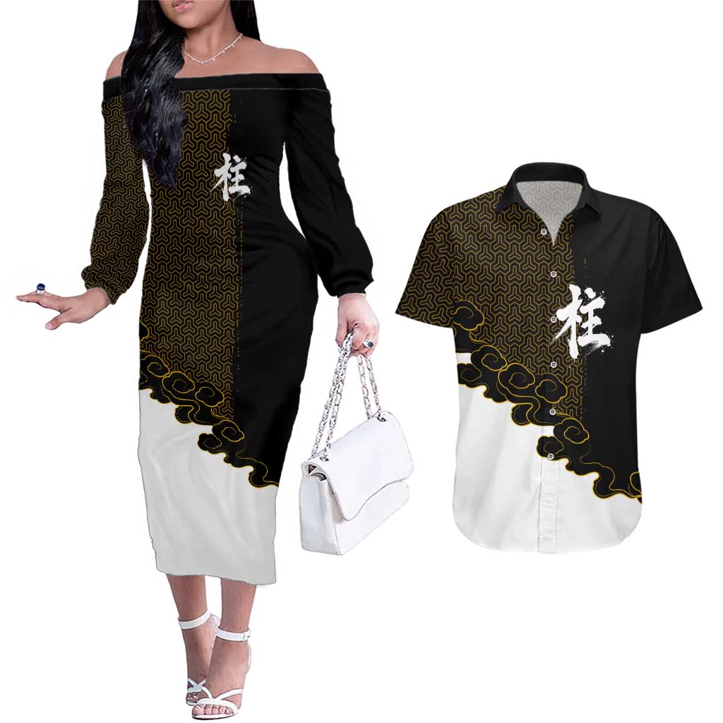 Demon Slayer Hashira Group Design Couples Matching Off The Shoulder Long Sleeve Dress and Hawaiian Shirt with Gold Cloud Pattern and Stylized Kanji Motif - The Mazicc