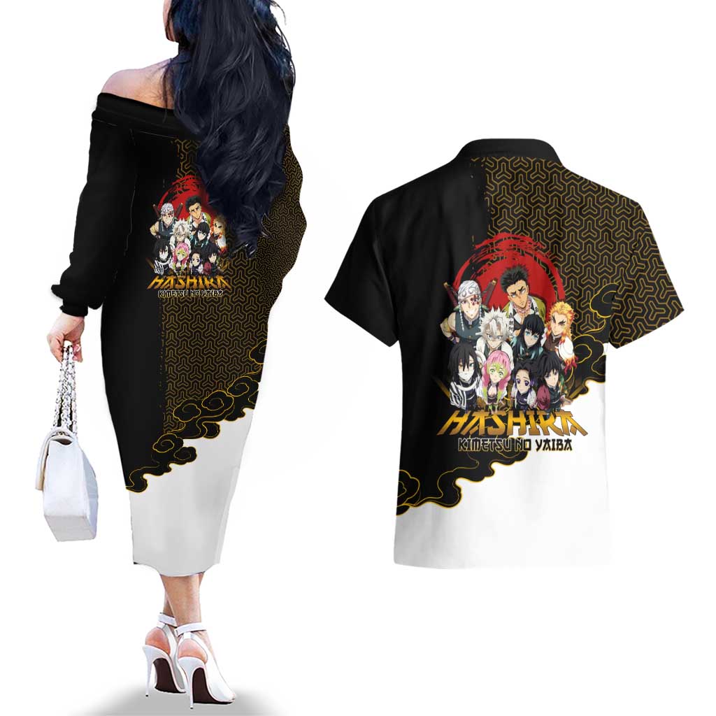 Demon Slayer Hashira Group Design Couples Matching Off The Shoulder Long Sleeve Dress and Hawaiian Shirt with Gold Cloud Pattern and Stylized Kanji Motif - The Mazicc