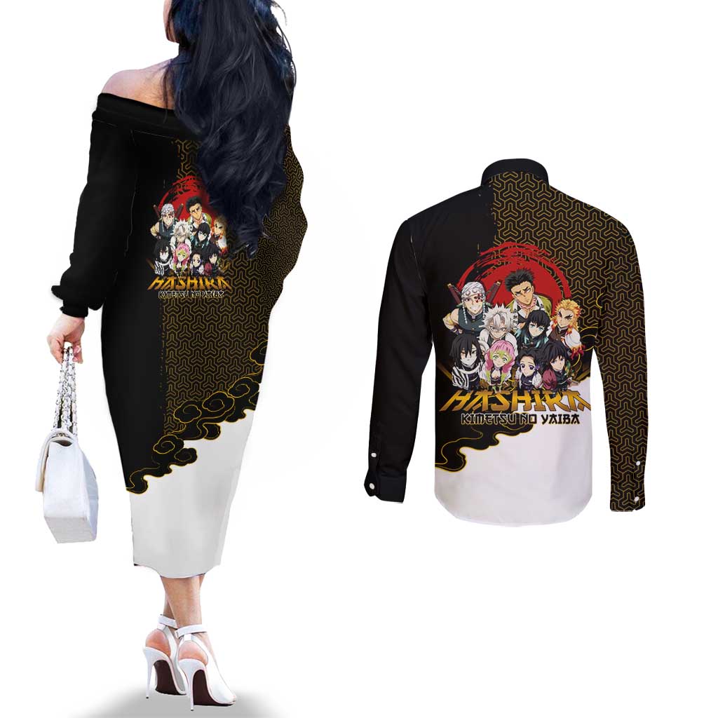 Demon Slayer Hashira Group Design Couples Matching Off The Shoulder Long Sleeve Dress and Long Sleeve Button Shirt with Gold Cloud Pattern and Stylized Kanji Motif - The Mazicc