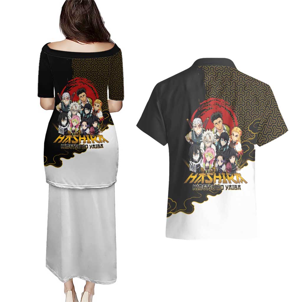 Demon Slayer Hashira Group Design Couples Matching Puletasi and Hawaiian Shirt with Gold Cloud Pattern and Stylized Kanji Motif - The Mazicc