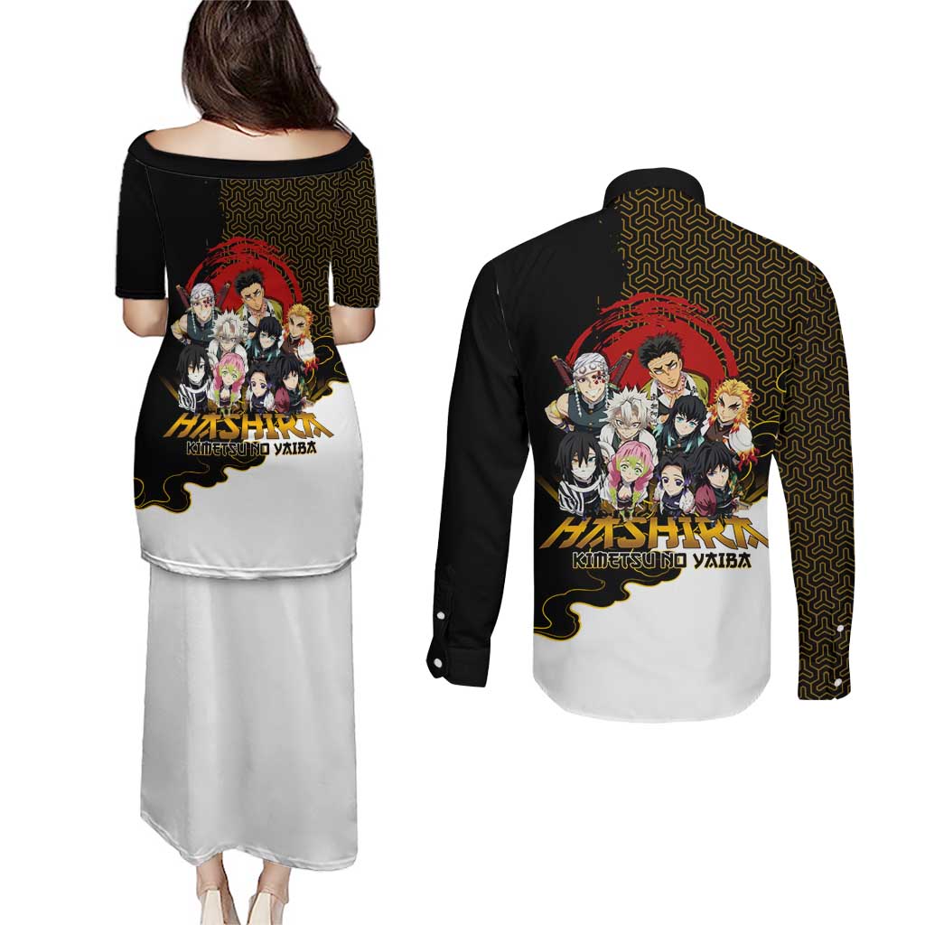 Demon Slayer Hashira Group Design Couples Matching Puletasi and Long Sleeve Button Shirt with Gold Cloud Pattern and Stylized Kanji Motif - The Mazicc
