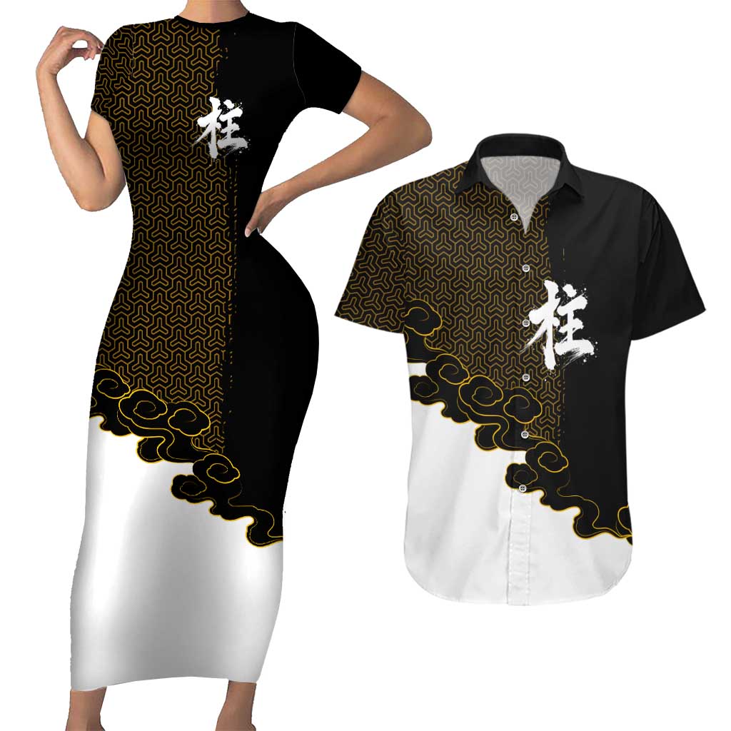 Demon Slayer Hashira Group Design Couples Matching Short Sleeve Bodycon Dress and Hawaiian Shirt with Gold Cloud Pattern and Stylized Kanji Motif - The Mazicc