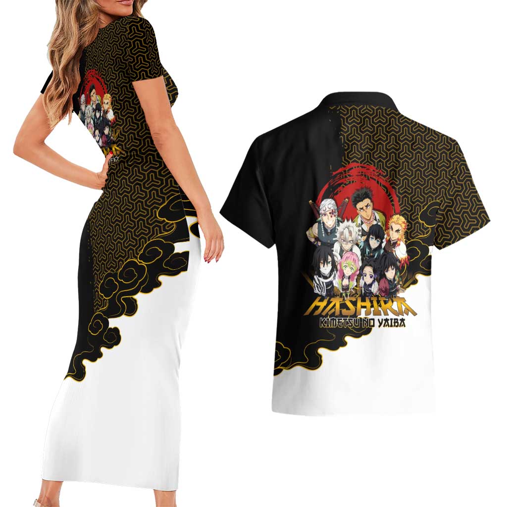 Demon Slayer Hashira Group Design Couples Matching Short Sleeve Bodycon Dress and Hawaiian Shirt with Gold Cloud Pattern and Stylized Kanji Motif - The Mazicc