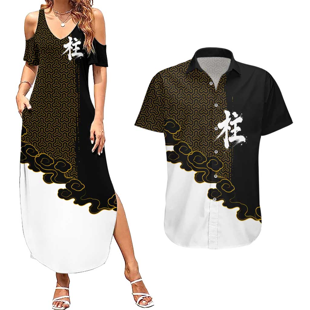 Demon Slayer Hashira Group Design Couples Matching Summer Maxi Dress and Hawaiian Shirt with Gold Cloud Pattern and Stylized Kanji Motif - The Mazicc