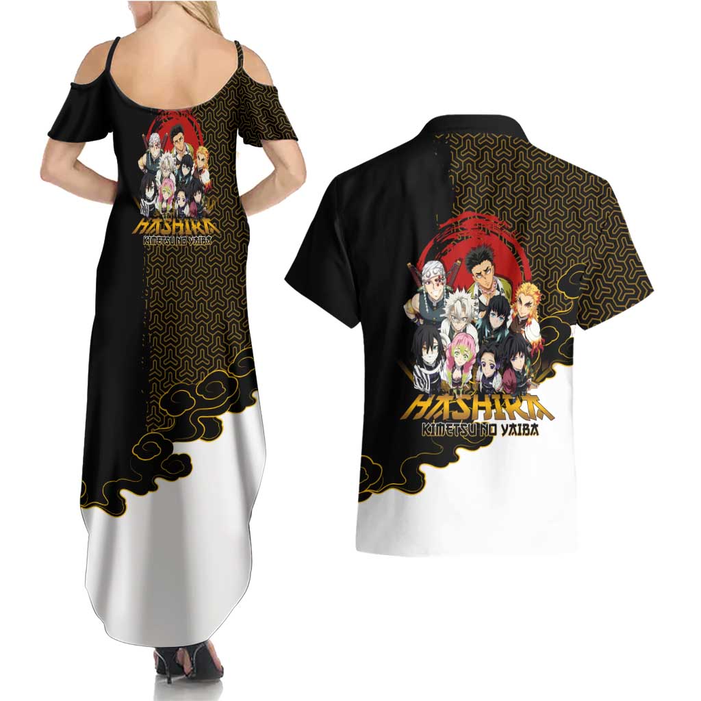 Demon Slayer Hashira Group Design Couples Matching Summer Maxi Dress and Hawaiian Shirt with Gold Cloud Pattern and Stylized Kanji Motif - The Mazicc