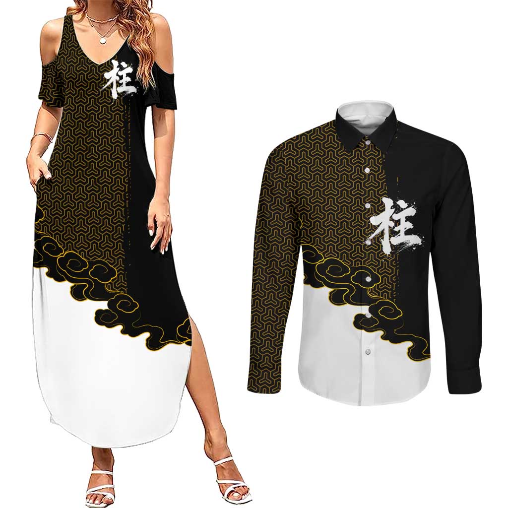 Demon Slayer Hashira Group Design Couples Matching Summer Maxi Dress and Long Sleeve Button Shirt with Gold Cloud Pattern and Stylized Kanji Motif - The Mazicc