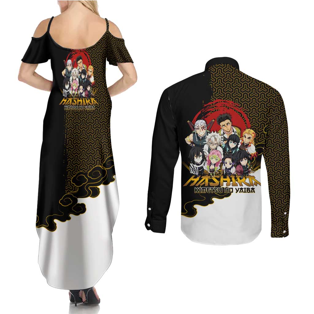 Demon Slayer Hashira Group Design Couples Matching Summer Maxi Dress and Long Sleeve Button Shirt with Gold Cloud Pattern and Stylized Kanji Motif - The Mazicc