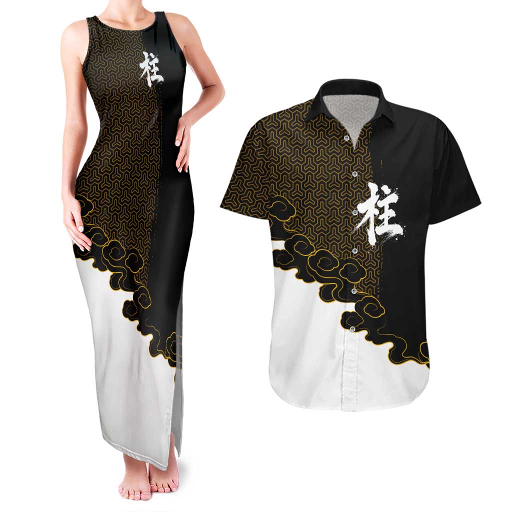 Demon Slayer Hashira Group Design Couples Matching Tank Maxi Dress and Hawaiian Shirt with Gold Cloud Pattern and Stylized Kanji Motif - The Mazicc