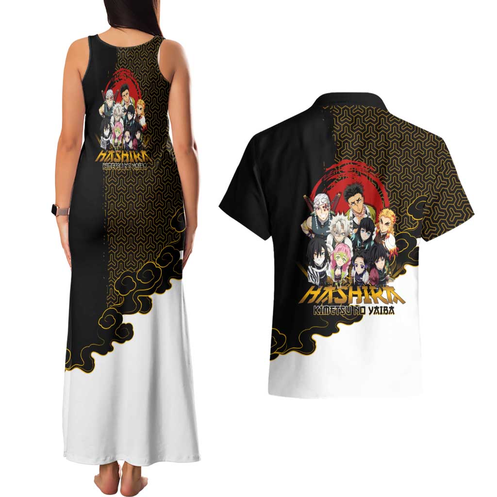 Demon Slayer Hashira Group Design Couples Matching Tank Maxi Dress and Hawaiian Shirt with Gold Cloud Pattern and Stylized Kanji Motif - The Mazicc