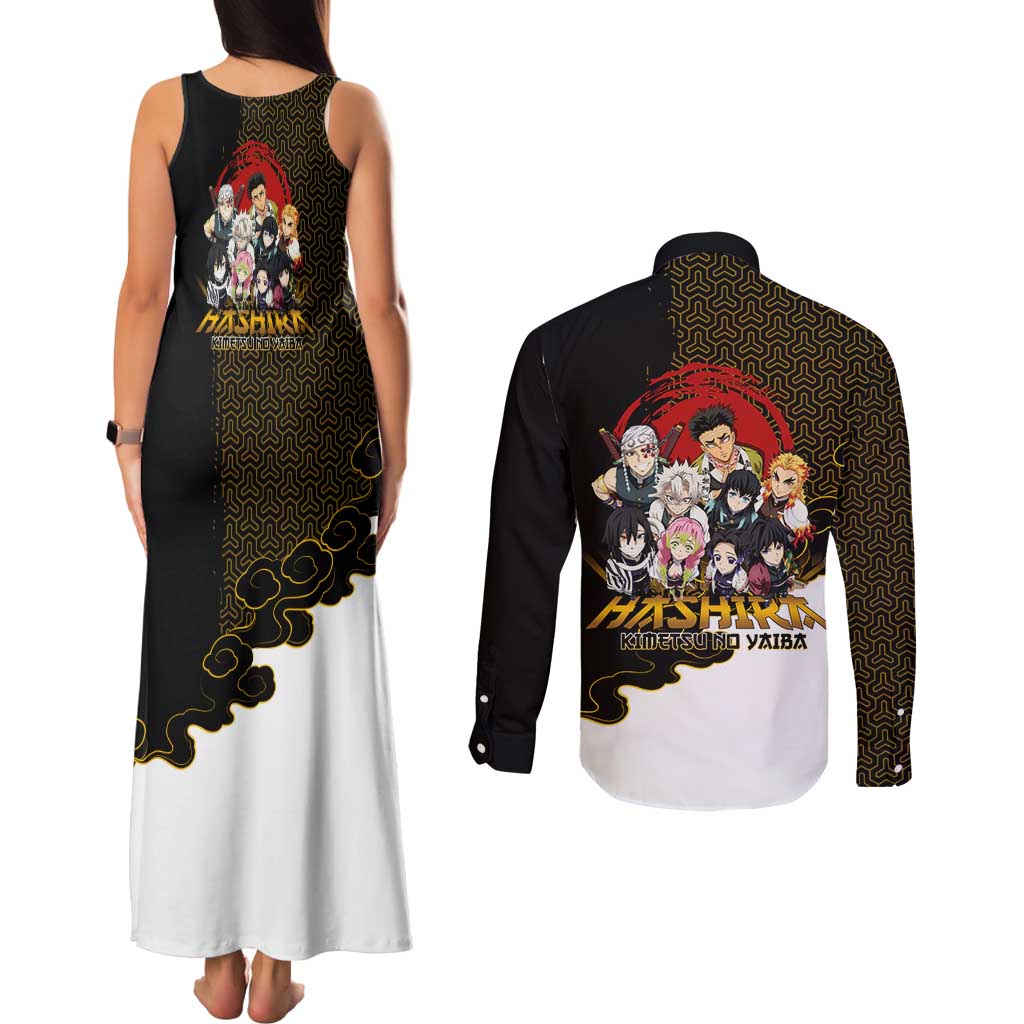 Demon Slayer Hashira Group Design Couples Matching Tank Maxi Dress and Long Sleeve Button Shirt with Gold Cloud Pattern and Stylized Kanji Motif - The Mazicc