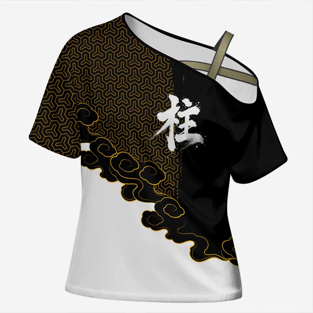 Demon Slayer Hashira Group Design Cross Shoulder Shirt with Gold Cloud Pattern and Stylized Kanji Motif - The Mazicc