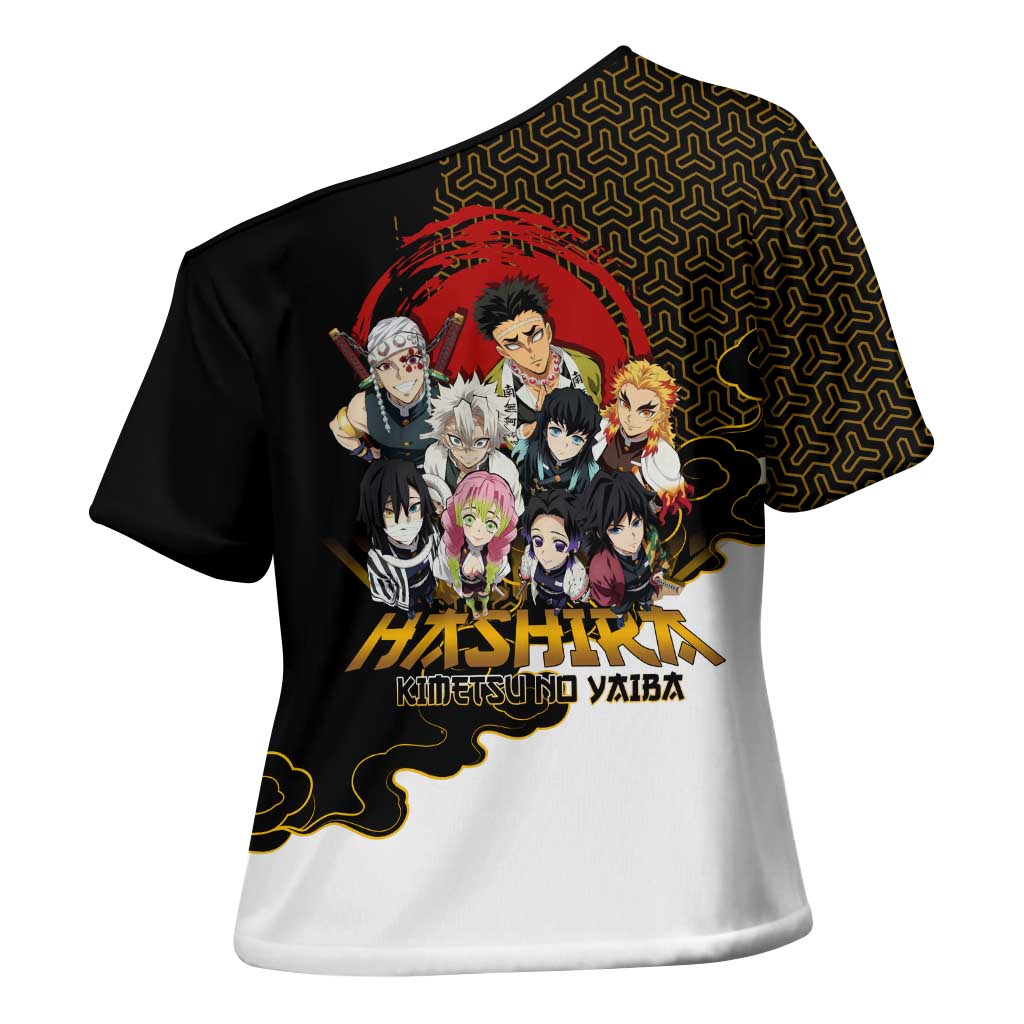Demon Slayer Hashira Group Design Cross Shoulder Shirt with Gold Cloud Pattern and Stylized Kanji Motif - The Mazicc