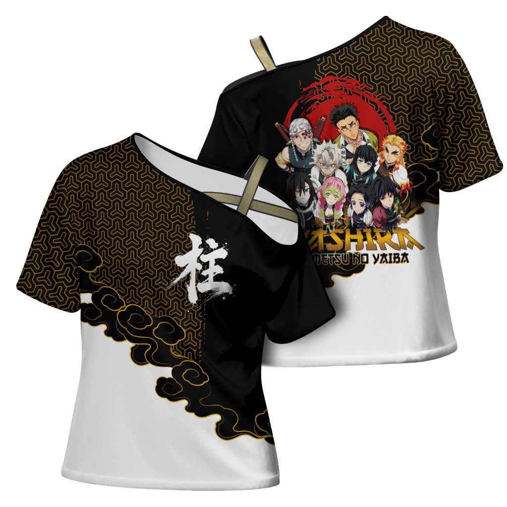 Demon Slayer Hashira Group Design Cross Shoulder Shirt with Gold Cloud Pattern and Stylized Kanji Motif - The Mazicc
