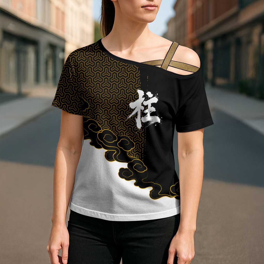 Demon Slayer Hashira Group Design Cross Shoulder Shirt with Gold Cloud Pattern and Stylized Kanji Motif - The Mazicc