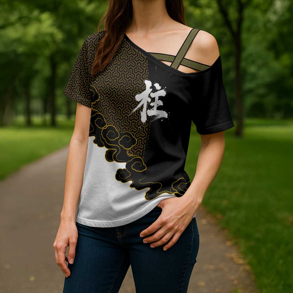 Demon Slayer Hashira Group Design Cross Shoulder Shirt with Gold Cloud Pattern and Stylized Kanji Motif - The Mazicc