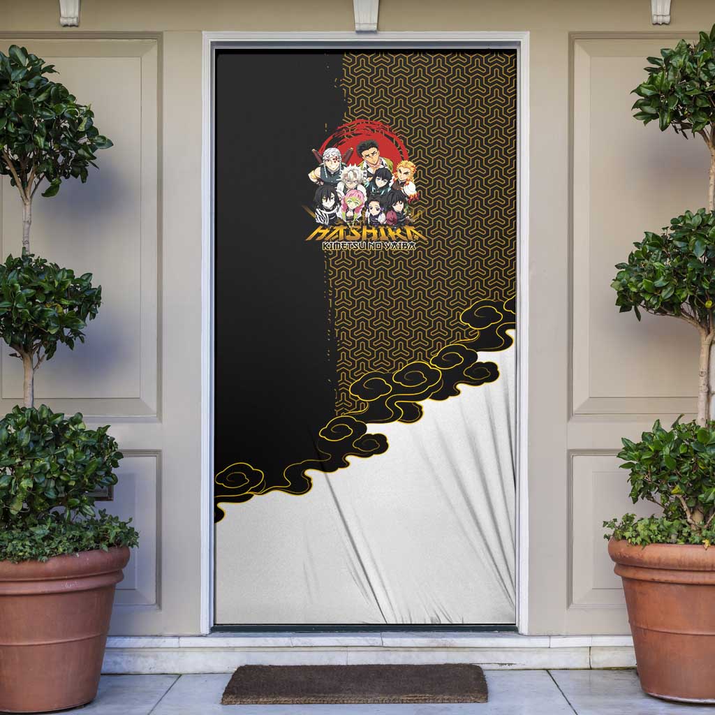 Demon Slayer Hashira Group Design Door Cover with Gold Cloud Pattern and Stylized Kanji Motif - The Mazicc