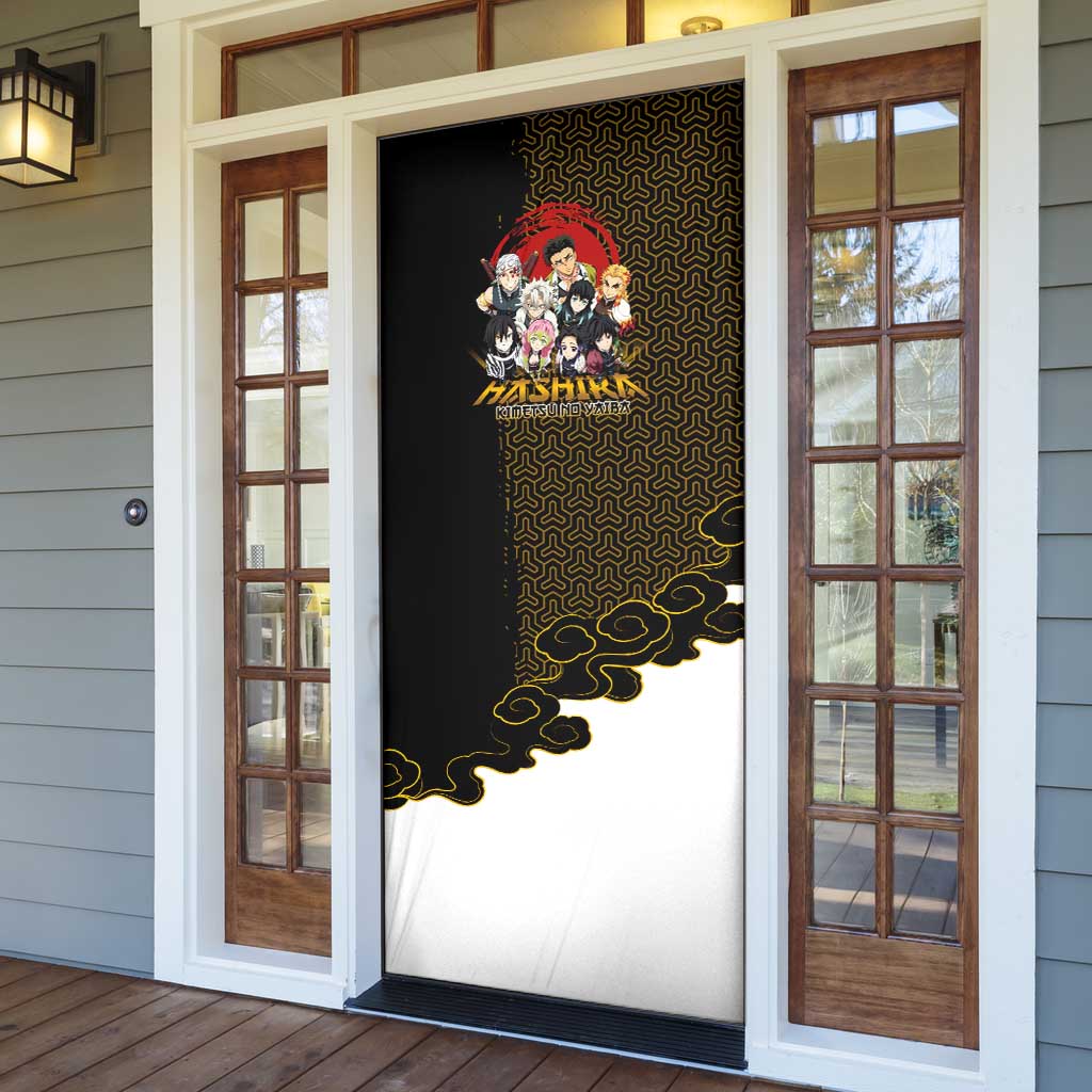 Demon Slayer Hashira Group Design Door Cover with Gold Cloud Pattern and Stylized Kanji Motif - The Mazicc