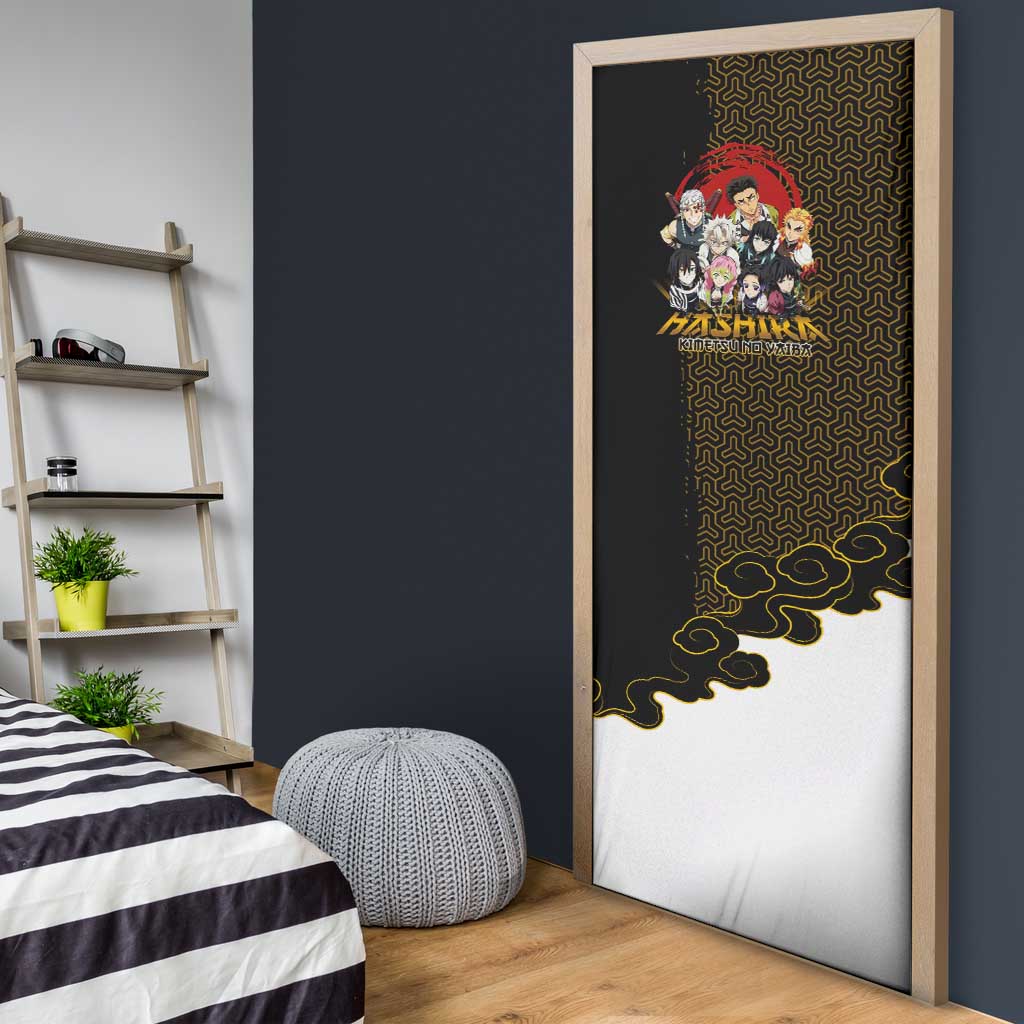 Demon Slayer Hashira Group Design Door Cover with Gold Cloud Pattern and Stylized Kanji Motif - The Mazicc