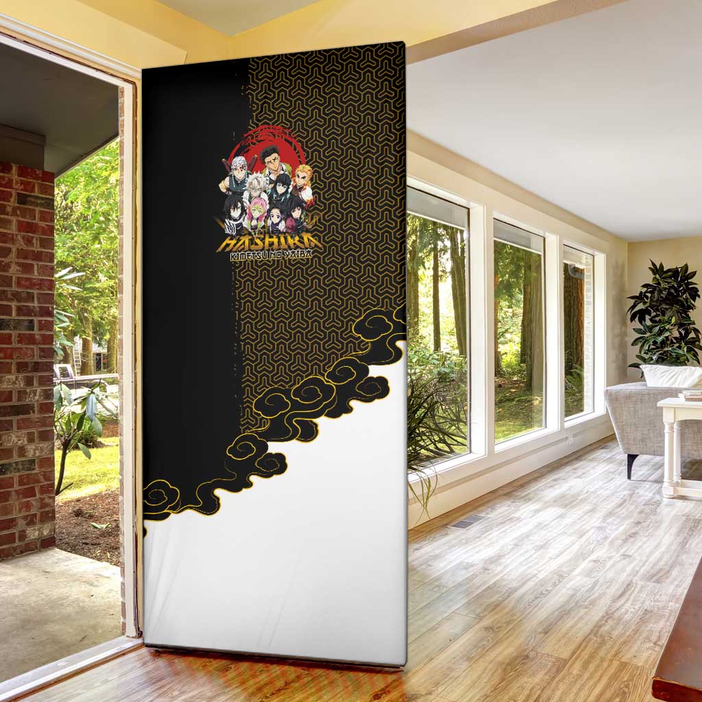 Demon Slayer Hashira Group Design Door Cover with Gold Cloud Pattern and Stylized Kanji Motif - The Mazicc