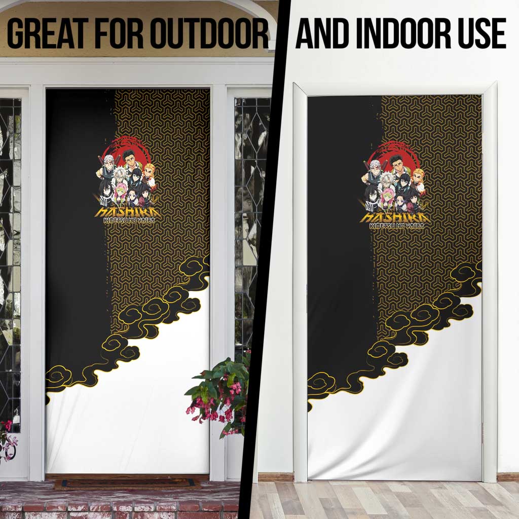 Demon Slayer Hashira Group Design Door Cover with Gold Cloud Pattern and Stylized Kanji Motif - The Mazicc