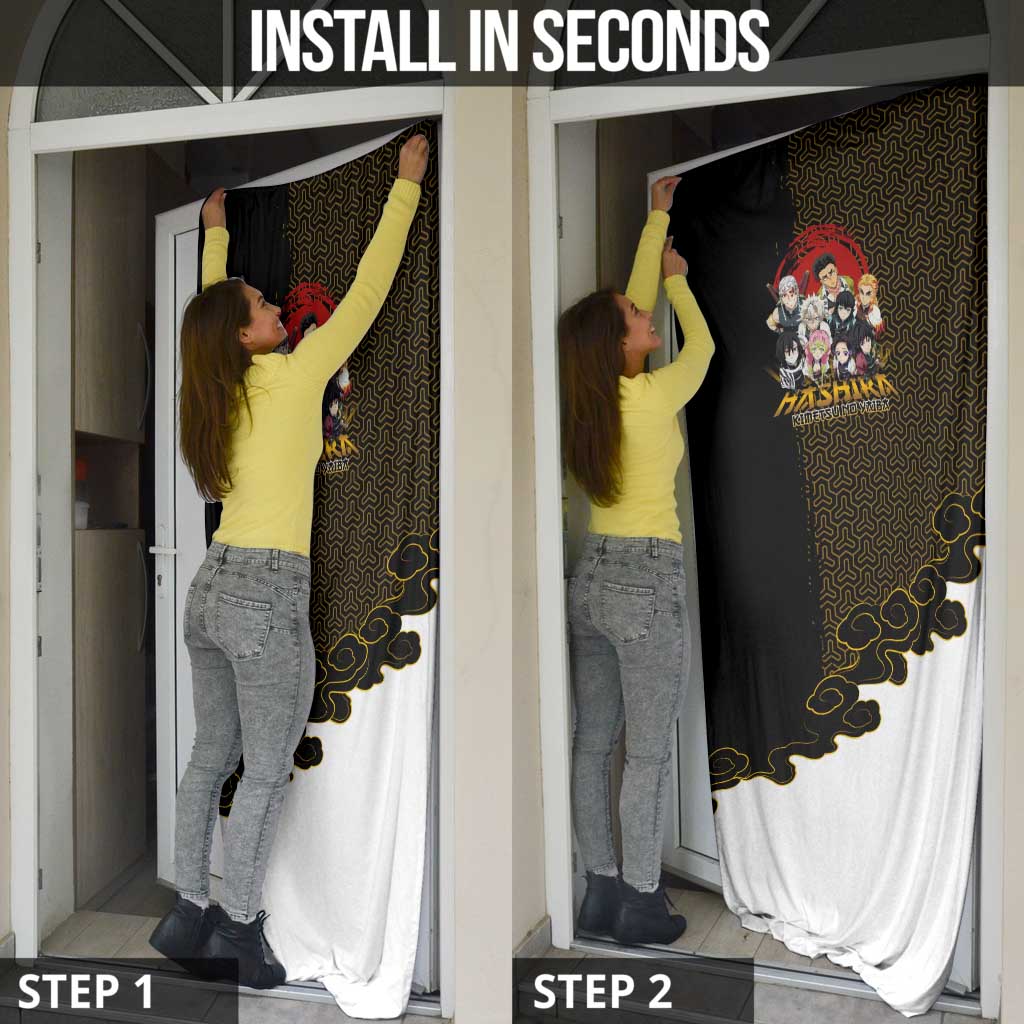 Demon Slayer Hashira Group Design Door Cover with Gold Cloud Pattern and Stylized Kanji Motif - The Mazicc