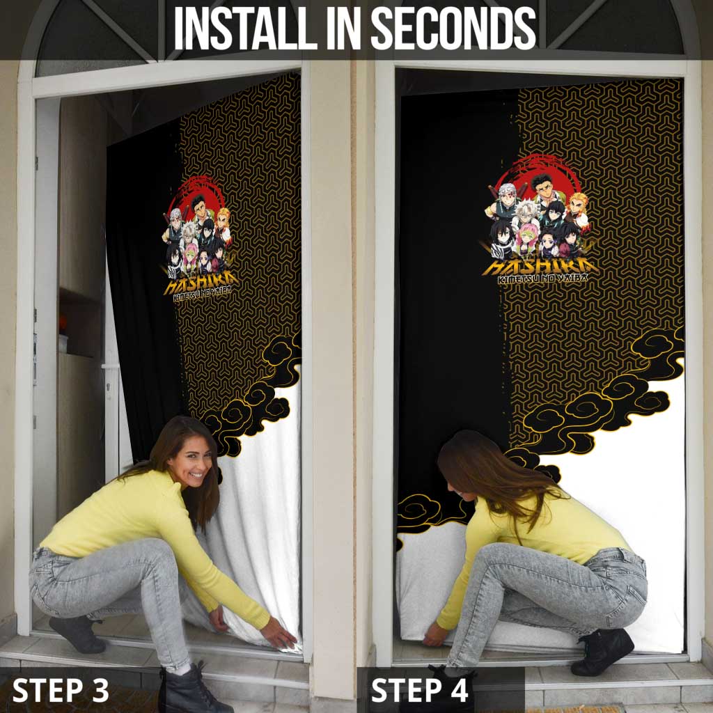 Demon Slayer Hashira Group Design Door Cover with Gold Cloud Pattern and Stylized Kanji Motif - The Mazicc