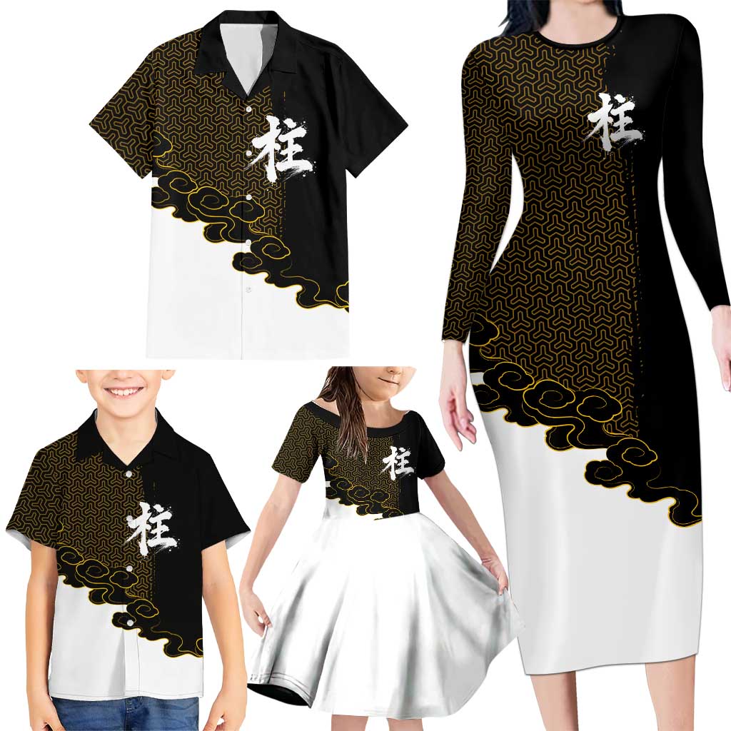 Demon Slayer Hashira Group Design Family Matching Long Sleeve Bodycon Dress and Hawaiian Shirt with Gold Cloud Pattern and Stylized Kanji Motif